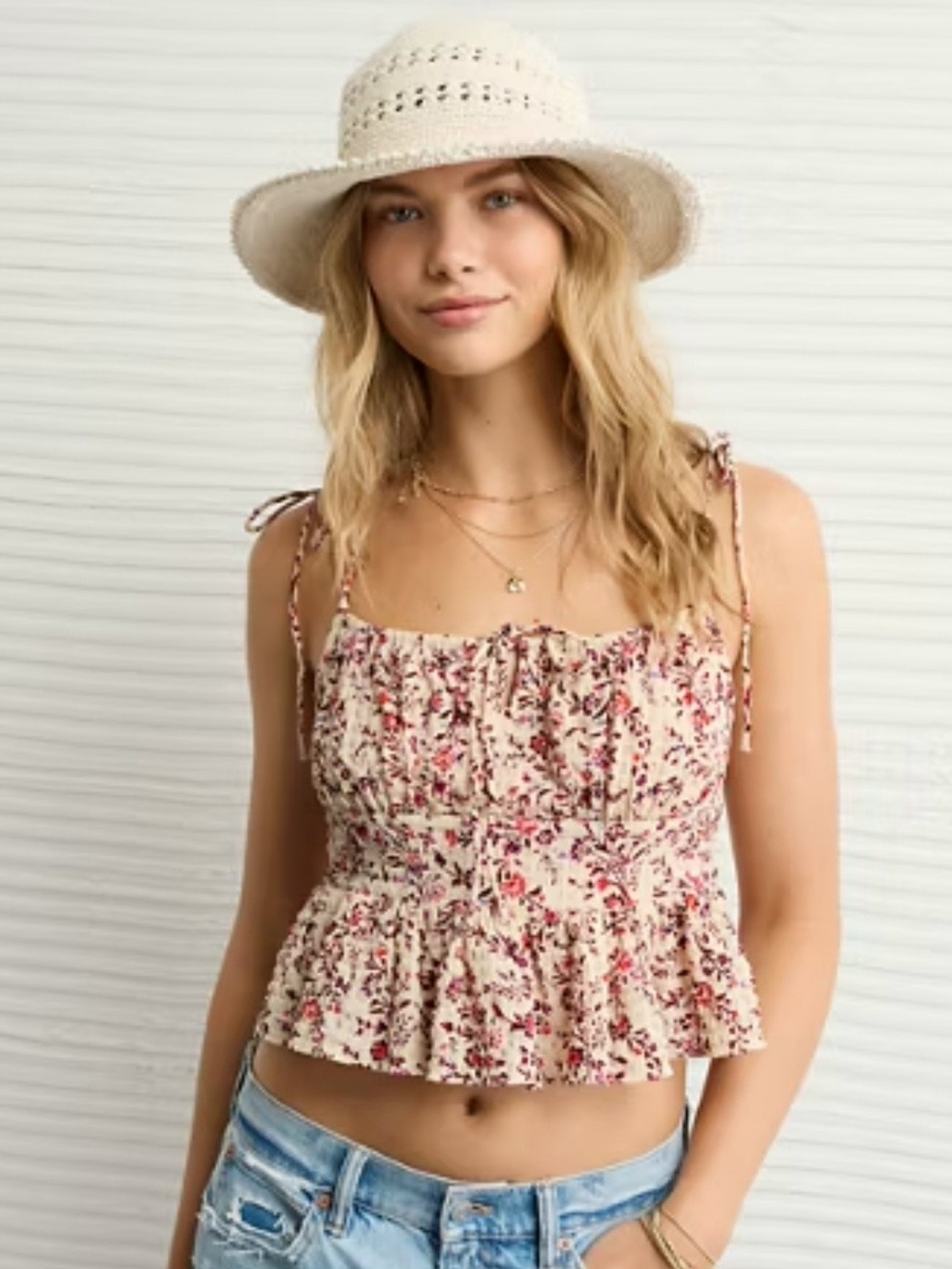 American Eagle Outfitters Floral Tie-Shoulder Peplum Crop Top - Cream/Pink